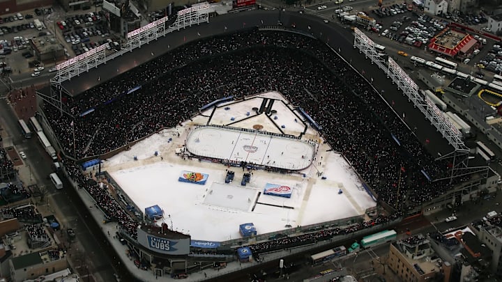 Jan 1, 2009; Chicago, IL, USA; An aerial view of Wrigley Field as the Chicago Blackhawks take on the Detroit Red Wings during the 2009 Winter Classic. Mandatory Credit: Guy Rhodes-Imagn Images