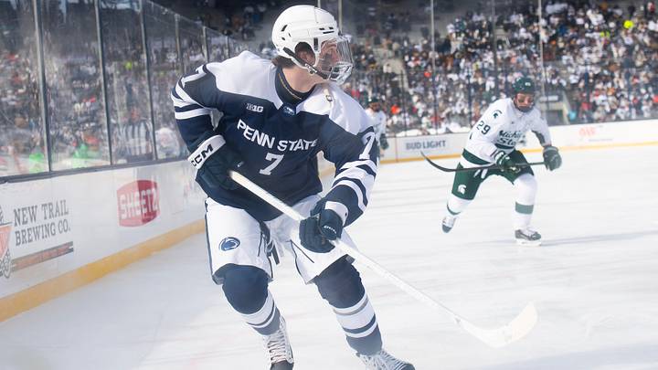 Penn State defenseman Jackson Smith during a Big Ten ice hockey game against Michigan State in Beaver Stadium on January 31, 2026. Penn State defenseman Jackson Smith during a Big Ten ice hockey game against Michigan State in Beaver Stadium on January 31, 2026.
