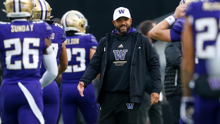 Jimmy Lake, shown in 2021 with the Huskies, was fired as the Atlanta Falcons' defensive coordinator.