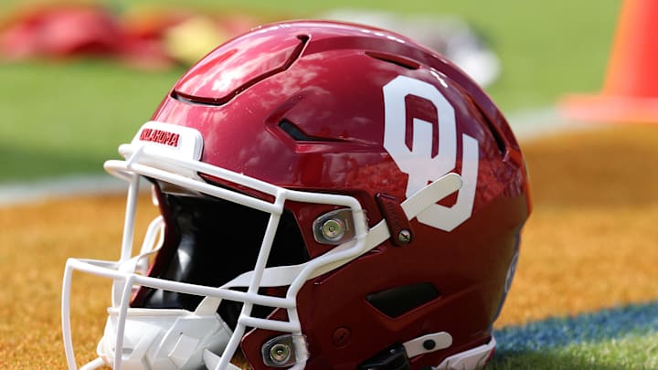 Sep 28, 2024; Auburn, Alabama, USA;  An Oklahoma Sooners helmet is shown before the game against the Auburn Tigers at Jordan-Hare Stadium. Mandatory Credit: John Reed-Imagn Images