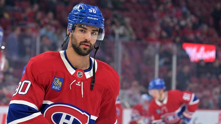 Apr 9, 2026; Montreal, Quebec, CAN; Montreal Canadiens forward Joe Veleno (90) skates during the warmup before the game against the Tampa Bay Lightning at the Bell Centre. Mandatory Credit: Eric Bolte-Imagn Images