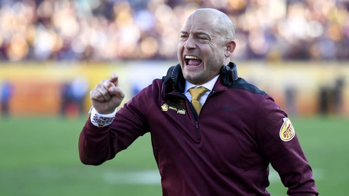 Jan 1, 2020; Tampa, Florida, USA; Minnesota Golden Gophers head coach PJ Fleck reacts during the fourth quarter against the Auburn Tigers at Raymond James Stadium. Mandatory Credit: Douglas DeFelice-USA TODAY Sports