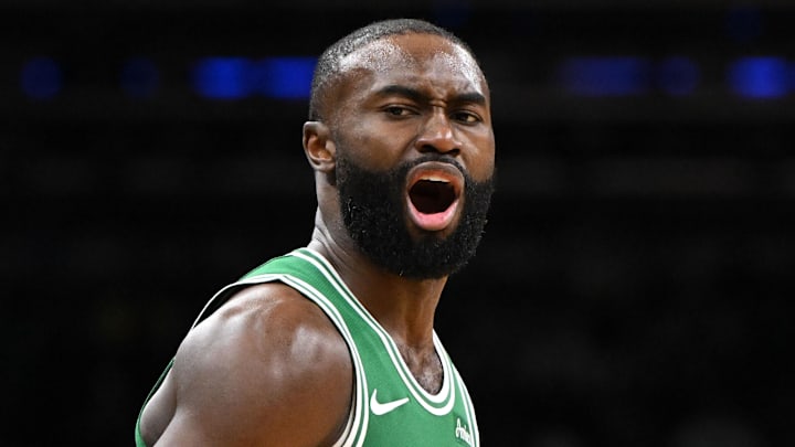 Dec 2, 2025; Boston, Massachusetts, USA; Boston Celtics guard Jaylen Brown (7) reacts after scoring against the New York Knicks during the second half at the TD Garden. Mandatory Credit: Brian Fluharty-Imagn Images