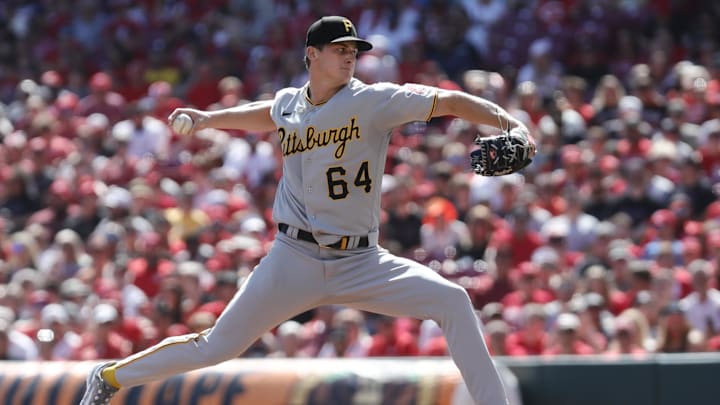 Sep 24, 2023; Cincinnati, Ohio, USA; Pittsburgh Pirates starting pitcher Quinn Priester (64) throws