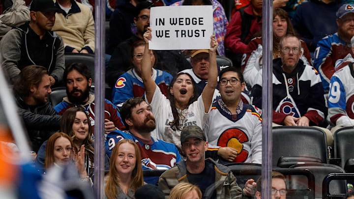 Nov 11, 2025; Denver, Colorado, USA; A Colorado Avalanche fans holds up a sign for Colorado Avalanche goaltender Scott Wedgewood (not pictured) in the third period against the Anaheim Ducks at Ball Arena. Mandatory Credit: Isaiah J. Downing-Imagn Images