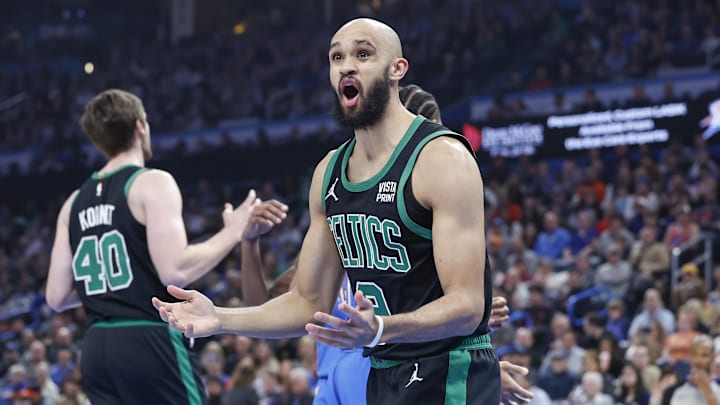 Jan 2, 2024; Oklahoma City, Oklahoma, USA;Boston Celtics guard Derrick White (9) reacts to an