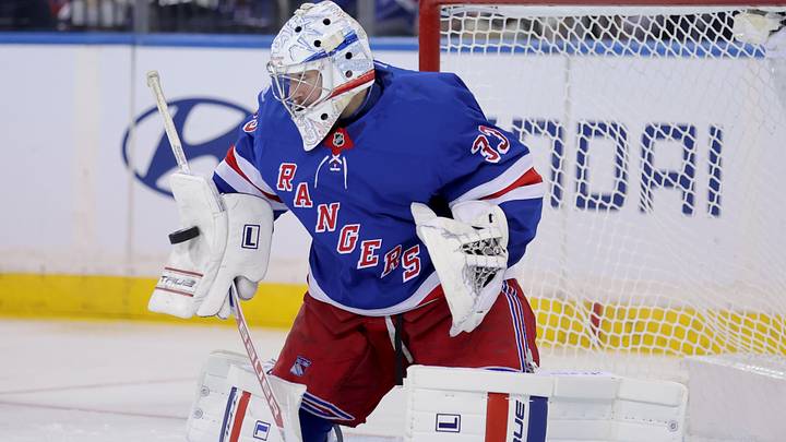 Oct 13, 2026; New York, New York, USA; New York Rangers goaltender Dylan Garand (33) makes a save against the Tampa Bay Lightning during the second period at Madison Square Garden. Mandatory Credit: Brad Penner-Imagn Images Oct 13, 2026; New York, New York, USA; New York Rangers goaltender Dylan Garand (33) makes a save against the Tampa Bay Lightning during the second period at Madison Square Garden. Mandatory Credit: Brad Penner-Imagn Images
