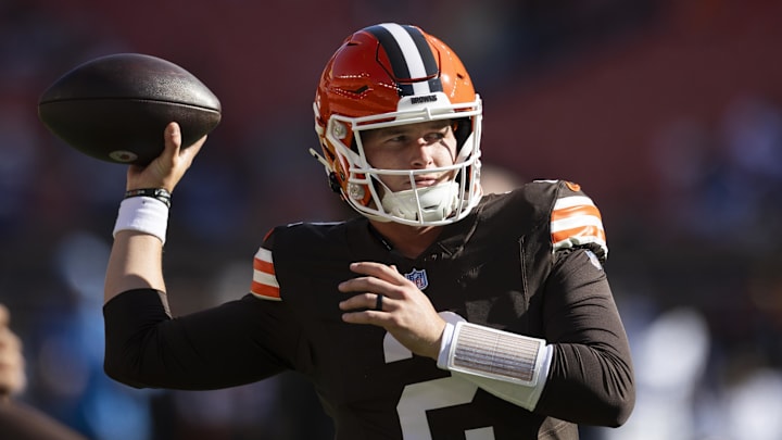 Nov 3, 2024; Cleveland, Ohio, USA; Cleveland Browns quarterback Bailey Zappe (2) throws the ball during warm ups before the game against the Los Angeles Chargers at Huntington Bank Field. Mandatory Credit: Scott Galvin-Imagn Images