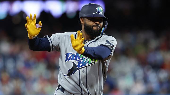 Sep 26, 2026: Tampa Bay Rays third baseman Junior Caminero (13) reacts after hitting a two RBI home run during the first inning against the Philadelphia Phillies at Citizens Bank Park. Credit: Bill Streicher-Imagn Images
