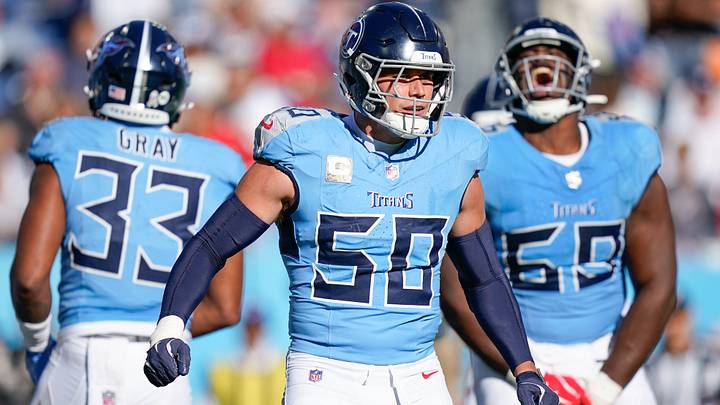 Tennessee Titans linebacker Cody Barton (50) and defensive end Sebastian Joseph-Day (69) celebrate a big stop against the Houston Texans during the third quarter at Nissan Stadium in Nashville, Tenn., Sunday, Nov. 16, 2025.