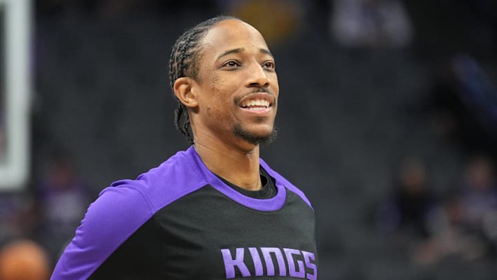 Dec 8, 2024; Sacramento, California, USA; Sacramento Kings forward DeMar DeRozan (10) before the game against the Utah Jazz at Golden 1 Center. Mandatory Credit: Darren Yamashita-Imagn Images