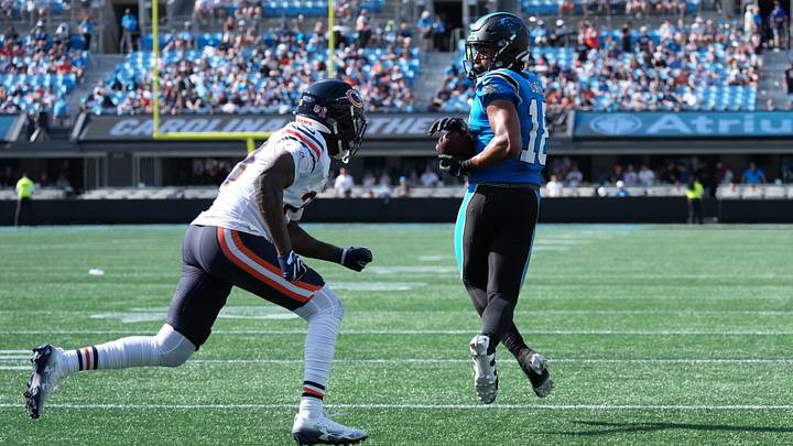 Panthers wide receiver Jalen Coker catches it in the fourth quarter against Bears cornerback Tyrique Stevenson in Sunday's second half. Panthers wide receiver Jalen Coker catches it in the fourth quarter against Bears cornerback Tyrique Stevenson in Sunday's second half.