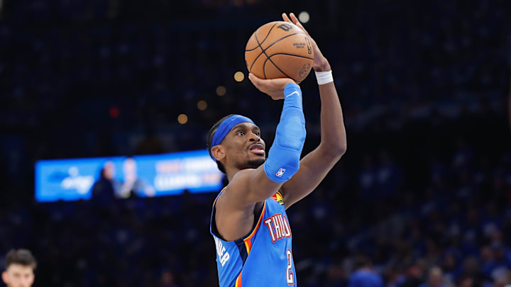 May 18, 2025; Oklahoma City, Oklahoma, USA; Oklahoma City Thunder guard Shai Gilgeous-Alexander (2) shoots free throws against the Denver Nuggets in the second half during game seven of the second round for the 2025 NBA Playoffs at Paycom Center. Mandatory Credit: Alonzo Adams-Imagn Images