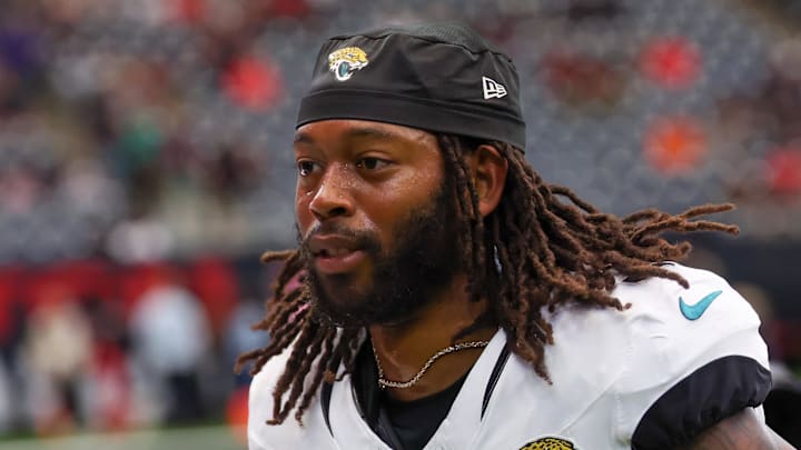 Nov 9, 2025; Houston, Texas, USA; Jacksonville Jaguars wide receiver Jakobi Meyers (3) runs into his locker room before playing against the Houston Texans at NRG Stadium. Mandatory Credit: Thomas Shea-Imagn Images