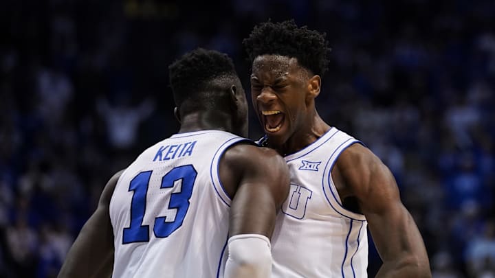 Mar 7, 2026; Provo, Utah, USA; BYU Cougars forward AJ Dybantsa (3) and forward Keba Keita (13) reacts during the second half against the Texas Tech Red Raiders at Marriott Center. Mandatory Credit: Aaron Baker-Imagn Images 