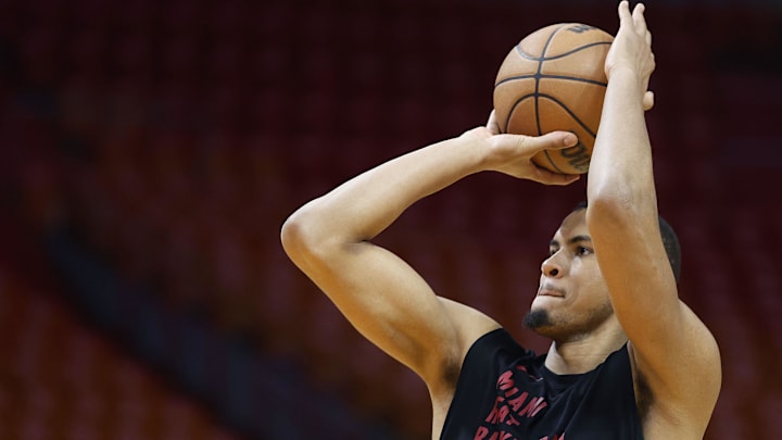 Dec 25, 2023; Miami, Florida, USA; Miami Heat center Orlando Robinson (25) warms up before the game against the Philadelphia 76ers at Kaseya Center. Mandatory Credit: Rhona Wise-Imagn Images