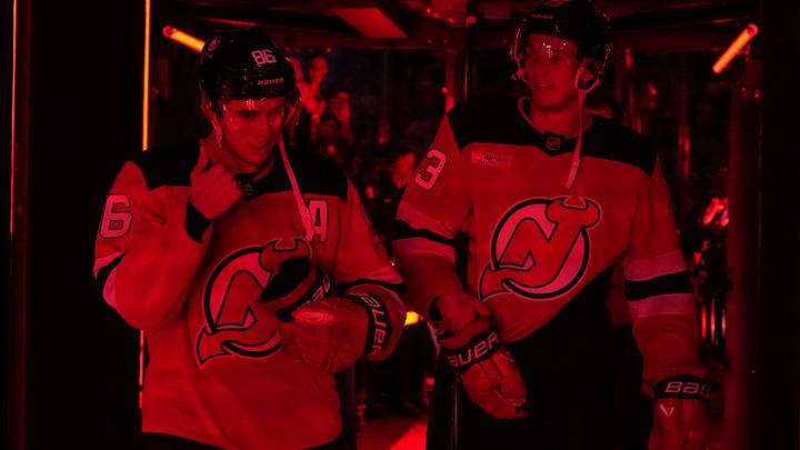 New Jersey Devils center Jack Hughes (86) and New Jersey Devils defenseman Luke Hughes (43): Ed Mulholland-Imagn Images