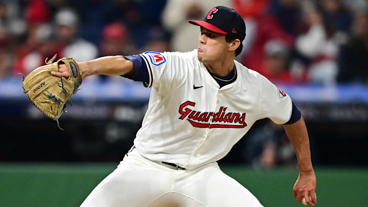 Oct 18, 2024; Cleveland, Ohio, USA; Cleveland Guardians pitcher Joey Cantillo (54) pitches in the seventh inning against the New York Yankees during game four of the ALCS for the 2024 MLB playoffs at Progressive Field. Mandatory Credit: David Dermer-Imagn Images