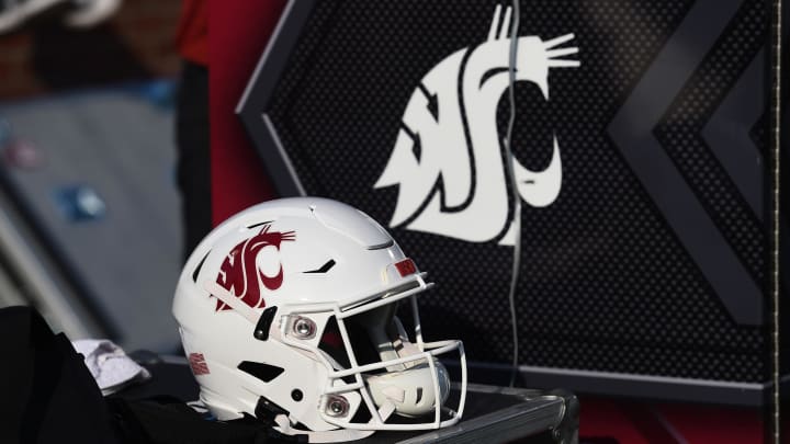 Sep 11, 2021; Pullman, Washington, USA; Washington State Cougars helmet sits during a game against the Portland State Vikings in the second half at Gesa Field at Martin Stadium. The Cougars won 44-24. Mandatory Credit: James Snook-USA TODAY Sports