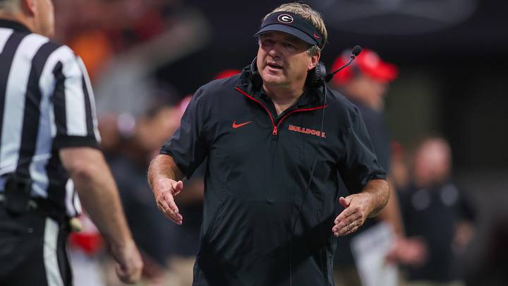 Aug 31, 2024; Atlanta, Georgia, USA; Georgia Bulldogs head coach Kirby Smart talks to a referee against the Clemson Tigers in the third quarter at Mercedes-Benz Stadium. Mandatory Credit: Brett Davis-Imagn Images
