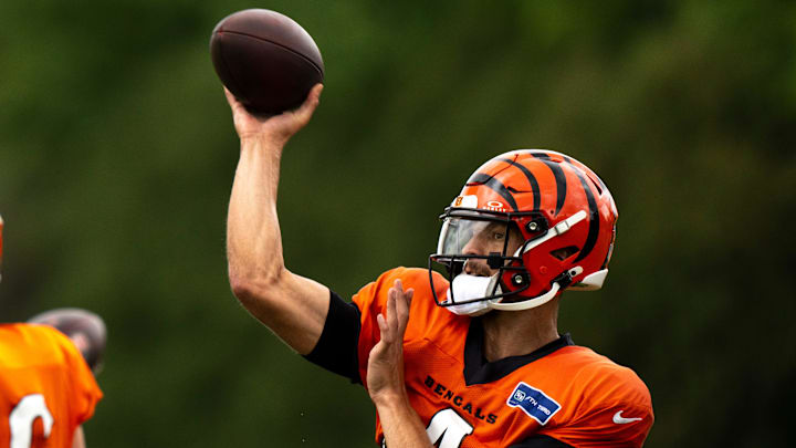 Cincinnati Bengals quarterback Desmond Ridder (4) throws a pass during Cincinnati Bengals Practice in Cincinnati on Aug. 21, 2025. Cincinnati Bengals quarterback Desmond Ridder (4) throws a pass during Cincinnati Bengals Practice in Cincinnati on Aug. 21, 2025.