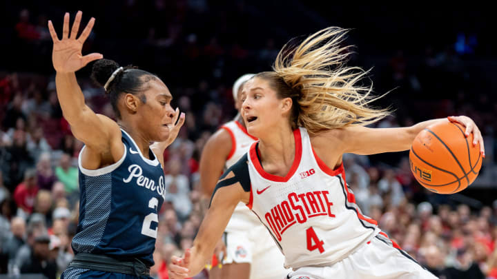 Former Penn State guard Tay Valladay guards Ohio State's Jacy Sheldon during a Big Ten women's basketball game. 