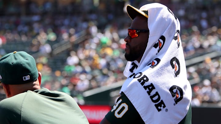 Aug 3, 2025; West Sacramento, California, USA; Athletics pitcher Luis Severino (40) watches the game against the Arizona Diamondbacks during the fifth inning at Sutter Health Park. Mandatory Credit: Dennis Lee-Imagn Images Aug 3, 2025; West Sacramento, California, USA; Athletics pitcher Luis Severino (40) watches the game against the Arizona Diamondbacks during the fifth inning at Sutter Health Park. Mandatory Credit: Dennis Lee-Imagn Images
