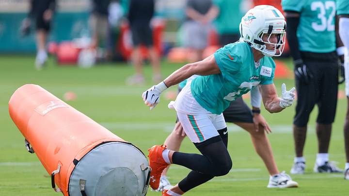 Miami Dolphins cornerback Ethan Bonner (27) works during practice at the Baptist Health Training Complex. Miami Dolphins cornerback Ethan Bonner (27) works during practice at the Baptist Health Training Complex.