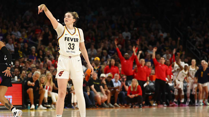 Jun 30, 2024; Phoenix, Arizona, USA; Indiana Fever forward Katie Lou Samuelson (33) against the Phoenix Mercury during a WNBA game at Footprint Center. Mandatory Credit: Mark J. Rebilas-Imagn Images Jun 30, 2024; Phoenix, Arizona, USA; Indiana Fever forward Katie Lou Samuelson (33) against the Phoenix Mercury during a WNBA game at Footprint Center. Mandatory Credit: Mark J. Rebilas-Imagn Images