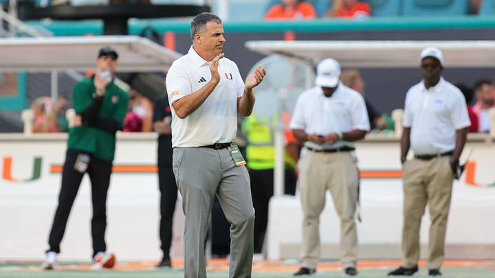 Sep 26, 2026; Miami Gardens, Florida, USA; Miami Hurricanes head coach Mario Cristobal reacts before the game against the Central Michigan Chippewas at Hard Rock Stadium. Mandatory Credit: Sam Navarro-Imagn Images