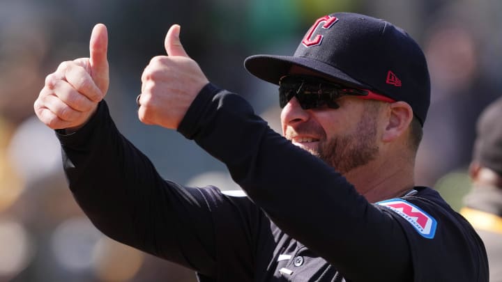 Mar 30, 2024; Oakland, California, USA; Cleveland Guardians manager Stephen Vogt (12) gestures after defeating the Oakland Athletics at Oakland-Alameda County Coliseum. Mandatory Credit: Darren Yamashita-USA TODAY Sports