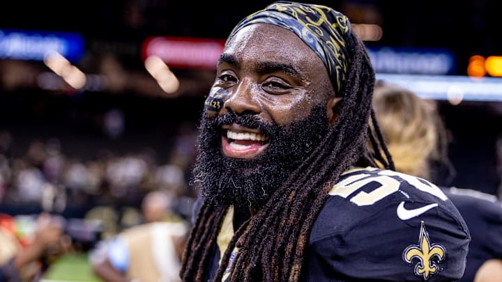Nov 17, 2024; New Orleans, Louisiana, USA; New Orleans Saints linebacker Demario Davis (56) reacts after the game against the Cleveland Browns at Caesars Superdome. Mandatory Credit: Stephen Lew-Imagn Images