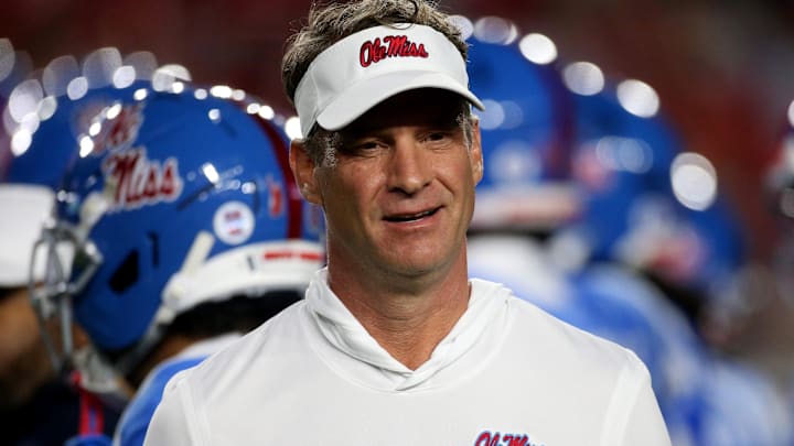 Mississippi Rebels head coach Lane Kiffin looks on during warm ups prior to the game  against the Florida Gators at Vaught-Hemingway Stadium.