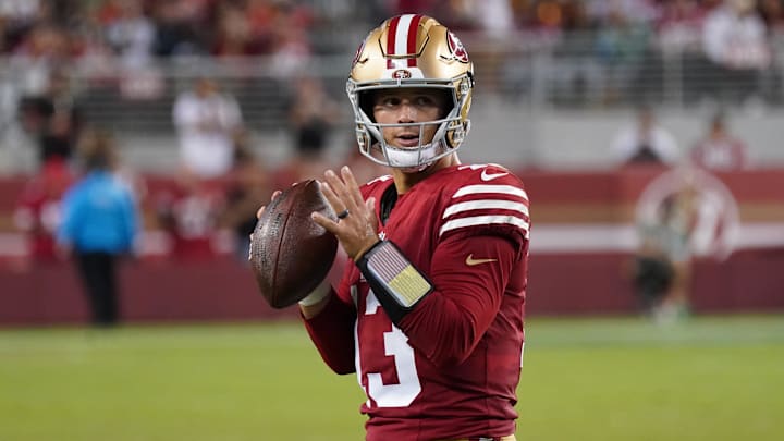 Sep 9, 2024; Santa Clara, California, USA; San Francisco 49ers quarterback Brock Purdy (13) warms up in the fourth quarter against the New York Jets at Levi's Stadium. Mandatory Credit: David Gonzales-Imagn Images Sep 9, 2024; Santa Clara, California, USA; San Francisco 49ers quarterback Brock Purdy (13) warms up in the fourth quarter against the New York Jets at Levi's Stadium. Mandatory Credit: David Gonzales-Imagn Images