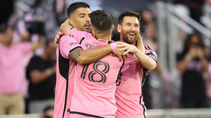 Mar 2, 2024; Fort Lauderdale, Florida, USA; Inter Miami CF forward Lionel Messi (10) celebrates with