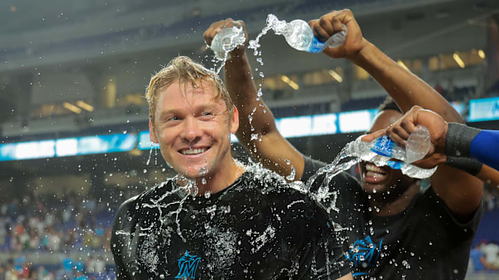 Jul 18, 2025; Miami, Florida, USA; Miami Marlins left fielder Kyle Stowers (28) is doused with water by teammates after hitting a two-run walk-off home run against the Kansas City Royals during the tenth inning at loanDepot Park. Mandatory Credit: Sam Navarro-Imagn Images Jul 18, 2025; Miami, Florida, USA; Miami Marlins left fielder Kyle Stowers (28) is doused with water by teammates after hitting a two-run walk-off home run against the Kansas City Royals during the tenth inning at loanDepot Park. Mandatory Credit: Sam Navarro-Imagn Images