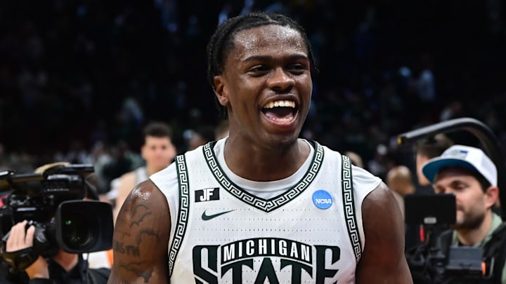 Mar 23, 2025; Cleveland, OH, USA; Michigan State Spartans forward Coen Carr (55) celebrates after the game against the New Mexico Lobos during the NCAA Tournament Second Round at Rocket Arena. Mandatory Credit: Ken Blaze-Imagn Images Mar 23, 2025; Cleveland, OH, USA; Michigan State Spartans forward Coen Carr (55) celebrates after the game against the New Mexico Lobos during the NCAA Tournament Second Round at Rocket Arena. Mandatory Credit: Ken Blaze-Imagn Images