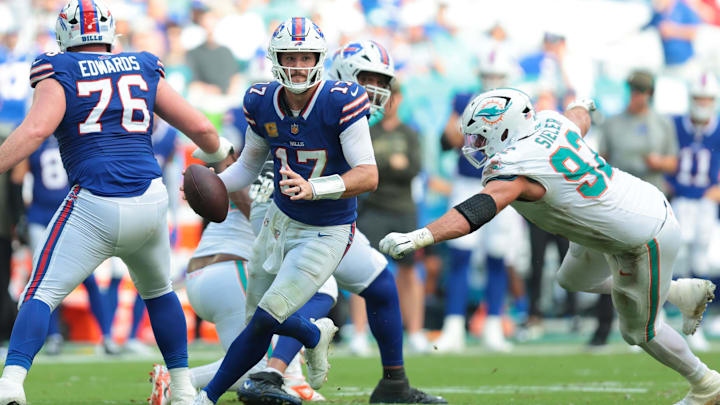 Nov 9, 2025; Miami Gardens, Florida, USA; Buffalo Bills quarterback Josh Allen (17) scrambles against Miami Dolphins defensive tackle Zach Sieler (92) Nov 9, 2025; Miami Gardens, Florida, USA; Buffalo Bills quarterback Josh Allen (17) scrambles against Miami Dolphins defensive tackle Zach Sieler (92)
