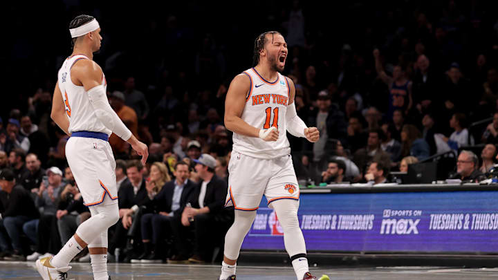 Jan 23, 2024; Brooklyn, New York, USA; New York Knicks guard Jalen Brunson (11) reacts with guard Josh Hart (3) during the fourth quarter against the Brooklyn Nets at Barclays Center. Mandatory Credit: Brad Penner-Imagn Images Jan 23, 2024; Brooklyn, New York, USA; New York Knicks guard Jalen Brunson (11) reacts with guard Josh Hart (3) during the fourth quarter against the Brooklyn Nets at Barclays Center. Mandatory Credit: Brad Penner-Imagn Images
