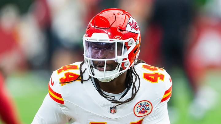 Aug 9, 2025; Glendale, Arizona, USA; Kansas City Chiefs linebacker Cam Jones (44) against the Arizona Cardinals during a preseason NFL game at State Farm Stadium. Mandatory Credit: Mark J. Rebilas-Imagn Images