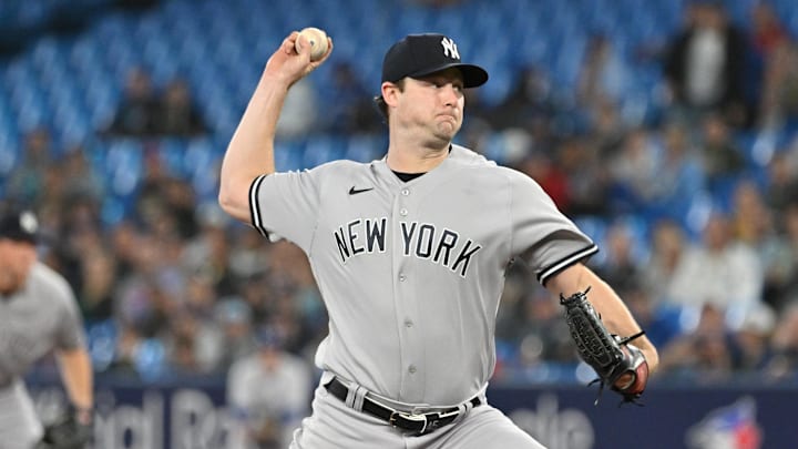 Sep 27, 2023; Toronto, Ontario, CAN; New York Yankee starting pitcher Gerrit Cole (45) delivers a Sep 27, 2023; Toronto, Ontario, CAN; New York Yankee starting pitcher Gerrit Cole (45) delivers a