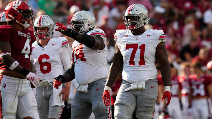 Sep 2, 2023; Bloomington, Indiana, USA; Ohio State Buckeyes offensive lineman Josh Simmons (71) lines up beside offensive lineman Donovan Jackson (74) during the NCAA football game at Indiana University Memorial Stadium. Ohio State won 23-3.