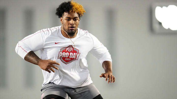 Ohio State Buckeyes offensive lineman Josh Simmons works out during the pro day for NFL scouts at the Woody Hayes Athletic Cente on March 26, 2025. Ohio State Buckeyes offensive lineman Josh Simmons works out during the pro day for NFL scouts at the Woody Hayes Athletic Cente on March 26, 2025.