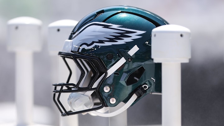 Aug 16, 2025; Philadelphia, Pennsylvania, USA; Philadelphia Eagles helmet on the bench during a game against the Cleveland Browns at Lincoln Financial Field. Mandatory Credit: Bill Streicher-Imagn Images