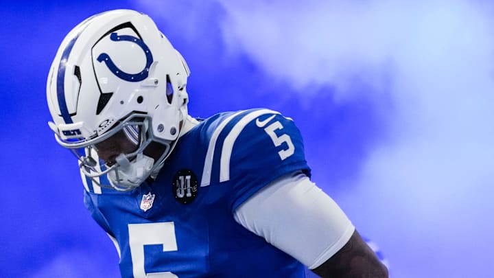 Indianapolis Colts quarterback Anthony Richardson (5) runs onto the field Sunday, Oct. 5, 2025, during a game against the Las Vegas Raiders at Lucas Oil Stadium in Indianapolis.
