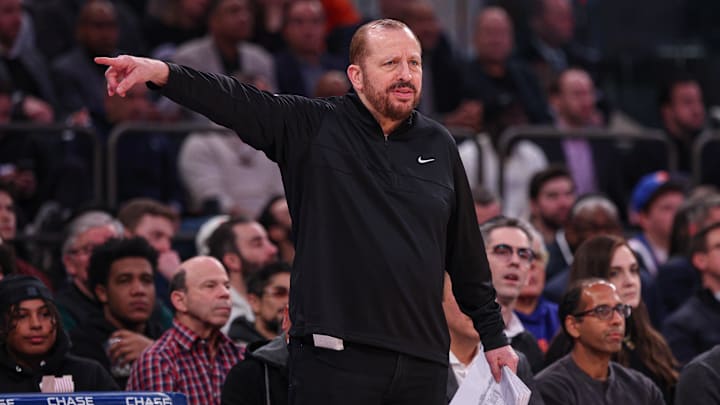 Jan 27, 2025; New York, New York, USA; New York Knicks head coach Tom Thibodeau reacts during the first half against the Memphis Grizzlies at Madison Square Garden. Mandatory Credit: Vincent Carchietta-Imagn Images