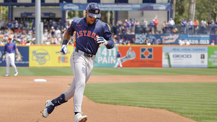 Mar 16, 2025; Port St. Lucie, Florida, USA; Houston Astros outfielder Cam Smith rounds third base after his two run home run during the second inning against the New York Mets at Clover Park. Mar 16, 2025; Port St. Lucie, Florida, USA; Houston Astros outfielder Cam Smith rounds third base after his two run home run during the second inning against the New York Mets at Clover Park.