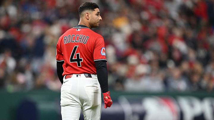 Oct 5, 2026; Cleveland, Ohio, USA; Cleveland Guardians shortstop Brayan Rocchio (4) reacts after flying out against the Chicago White Sox during the seventh inning in game two of the ALDS for the 2026 MLB Playoffs at Progressive Field. Mandatory Credit: David Dermer-Imagn Images Oct 5, 2026; Cleveland, Ohio, USA; Cleveland Guardians shortstop Brayan Rocchio (4) reacts after flying out against the Chicago White Sox during the seventh inning in game two of the ALDS for the 2026 MLB Playoffs at Progressive Field. Mandatory Credit: David Dermer-Imagn Images