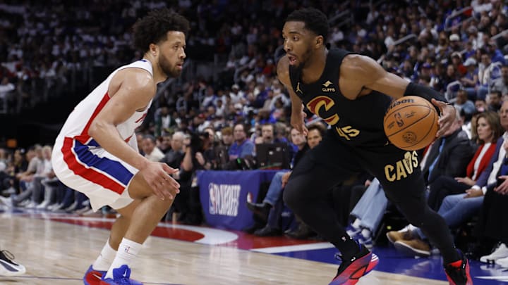 May 5, 2026; Detroit, Michigan, USA; Cleveland Cavaliers guard Donovan Mitchell (45) dribbles defended by Detroit Pistons guard Cade Cunningham (2) in the first half during game one of the second round of the 2026 NBA Playoffs at Little Caesars Arena. Mandatory Credit: Rick Osentoski-Imagn Images May 5, 2026; Detroit, Michigan, USA; Cleveland Cavaliers guard Donovan Mitchell (45) dribbles defended by Detroit Pistons guard Cade Cunningham (2) in the first half during game one of the second round of the 2026 NBA Playoffs at Little Caesars Arena. Mandatory Credit: Rick Osentoski-Imagn Images