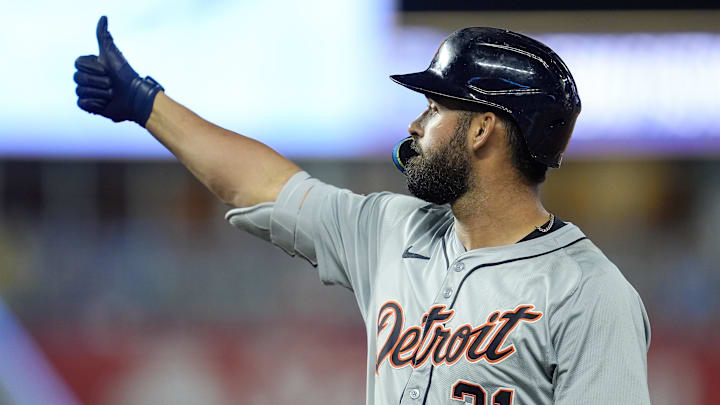 Sep 17, 2024; Kansas City, Missouri, USA; Detroit Tigers left fielder Riley Greene (31) gestures to the dugout after hitting an RBI single during the tenth inning against the Kansas City Royals at Kauffman Stadium. 